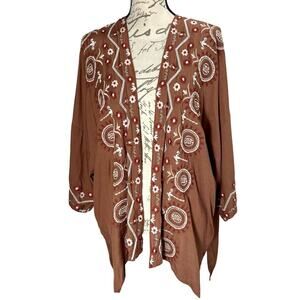 J Jill Women's OS Embroidered Kimono Open Front Cardigan Asymmetrical